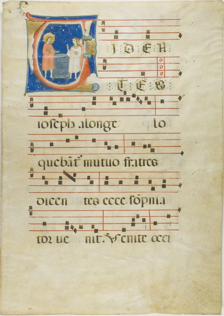Joseph and his Brothers at the Well, Initial V from an Antiphonary by Neri da Rimini, painting, 1310-1315