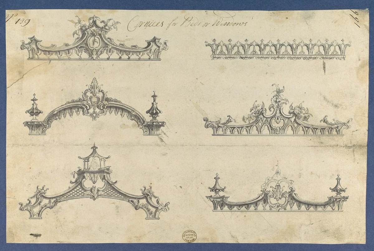 Cornices for Beds or Windows, in Chippendale Drawings, Vol. I by Thomas Chippendale, drawing, 1754