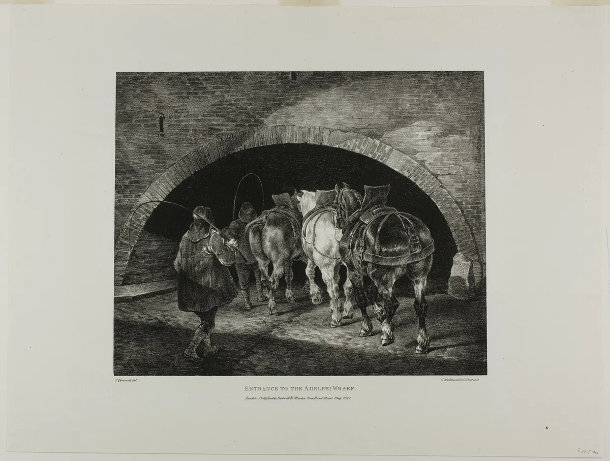 Entrance to the Adelphi Wharf, plate 11 from Various Subjects Drawn from Life and on Stone (The English Suite) by Jean Louis André Théodore Géricault, print, 1821