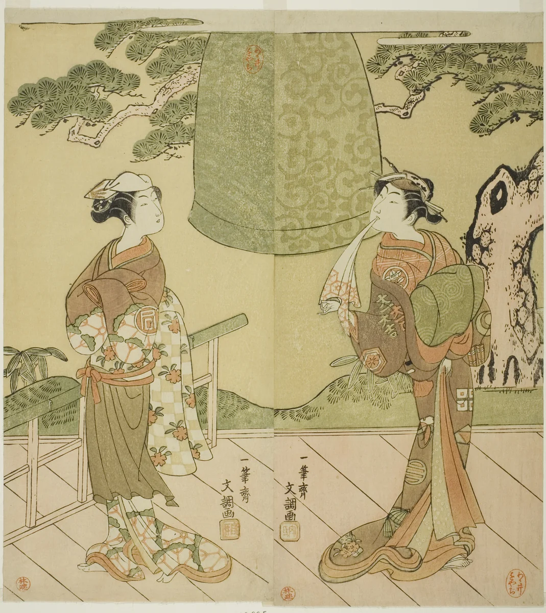 The Actors Ichimura Uzaemon IX as Shume no Hangan Morihisa (right), and Sanogawa Ichimatsu II as Chujo (left), in the Play Edo no Hana Wakayagi Soga, Performed at the Ichimura Theater in the Second Month, 1769 by Ippitsusai Buncho, print, 1764-1774