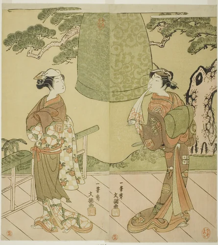 The Actors Ichimura Uzaemon IX as Shume no Hangan Morihisa (right), and Sanogawa Ichimatsu II as Chujo (left), in the Play Edo no Hana Wakayagi Soga, Performed at the Ichimura Theater in the Second Month, 1769 by Ippitsusai Buncho, print, 1764-1774