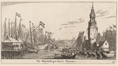 The Haringpakkers Tower in Amsterdam by Reinier Nooms, print, 1647-1657