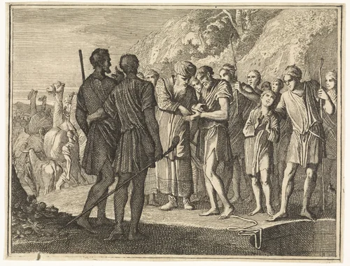 Jozef door zijn broeders verkocht by Caspar Luyken, print, 1712