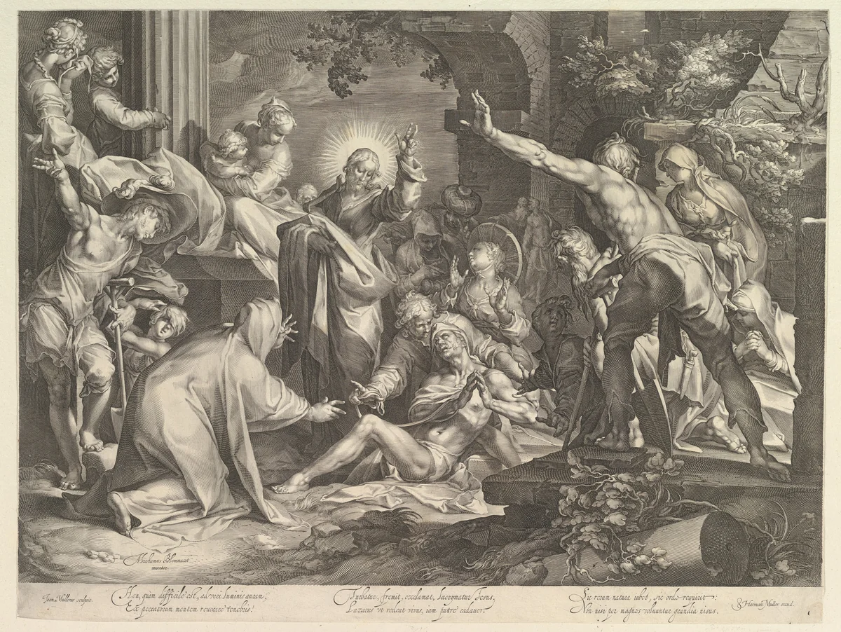 The Raising of Lazarus by Jan Muller, print, 1598-1602