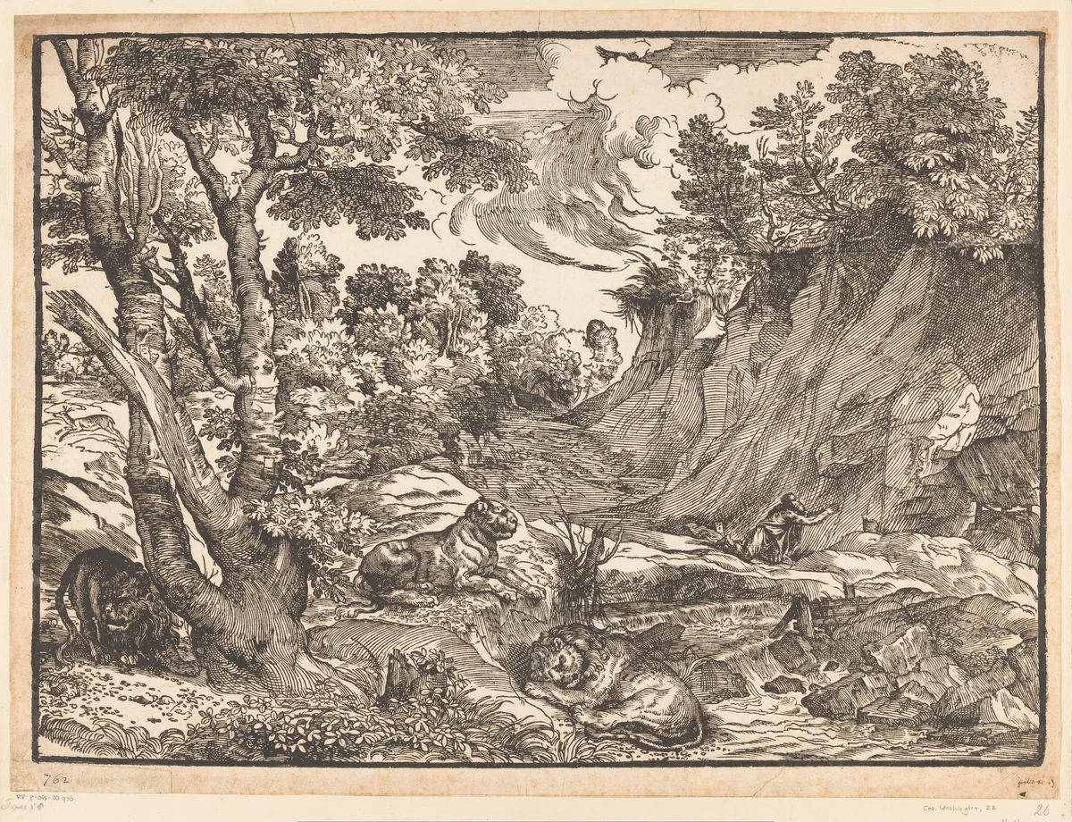 Landschap met de heilige Hieronymus by Titiaan, print, 1525-1530
