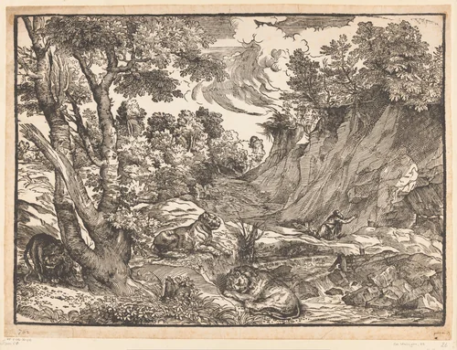 Landschap met de heilige Hieronymus by Titiaan, print, 1525-1530