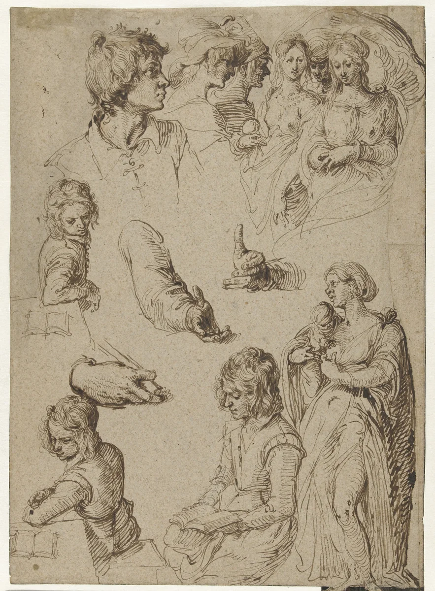 Studieblad met handen en figuren by Jacques de Gheyn, drawing, 1604