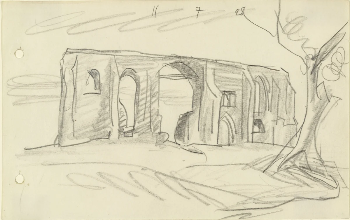 Ruin with Tree in Foreground by Lyonel Feininger, drawing, 1928