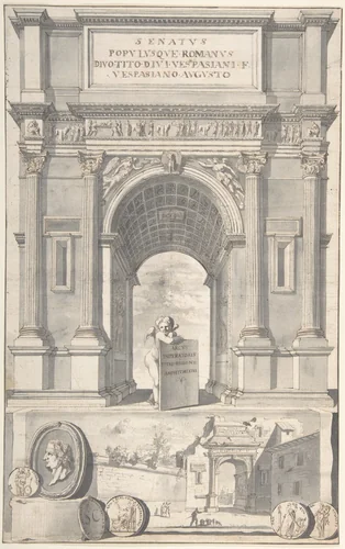 A Reconstruction of the Arch of Titus (above) and a View of the Ruins (below) by Jan Goeree, drawing, 1690-1704