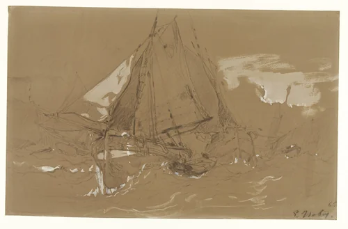 Vissersschuit in een storm by Eugène Isabey, drawing, 1865
