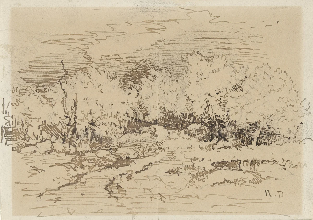 Ingang van een bos met hoge bomen by Narcisse Virgile Diaz de la Peña, drawing, 1818-1876