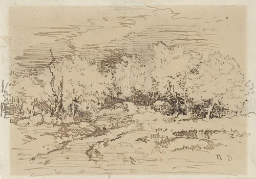 Ingang van een bos met hoge bomen by Narcisse Virgile Diaz de la Peña, drawing, 1818-1876