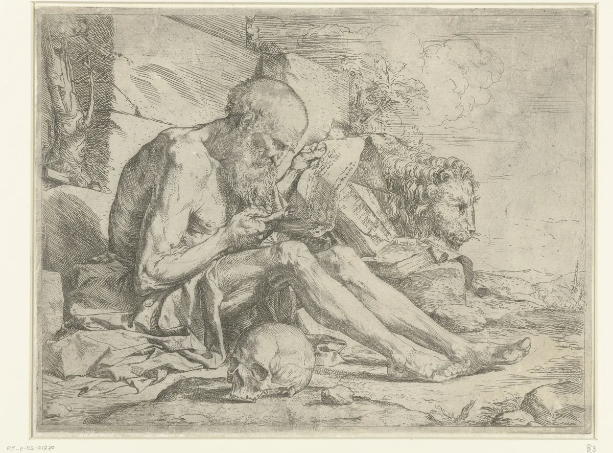 Heilige Hieronymus lezend by Jusepe de Ribera, print, 1622-1626