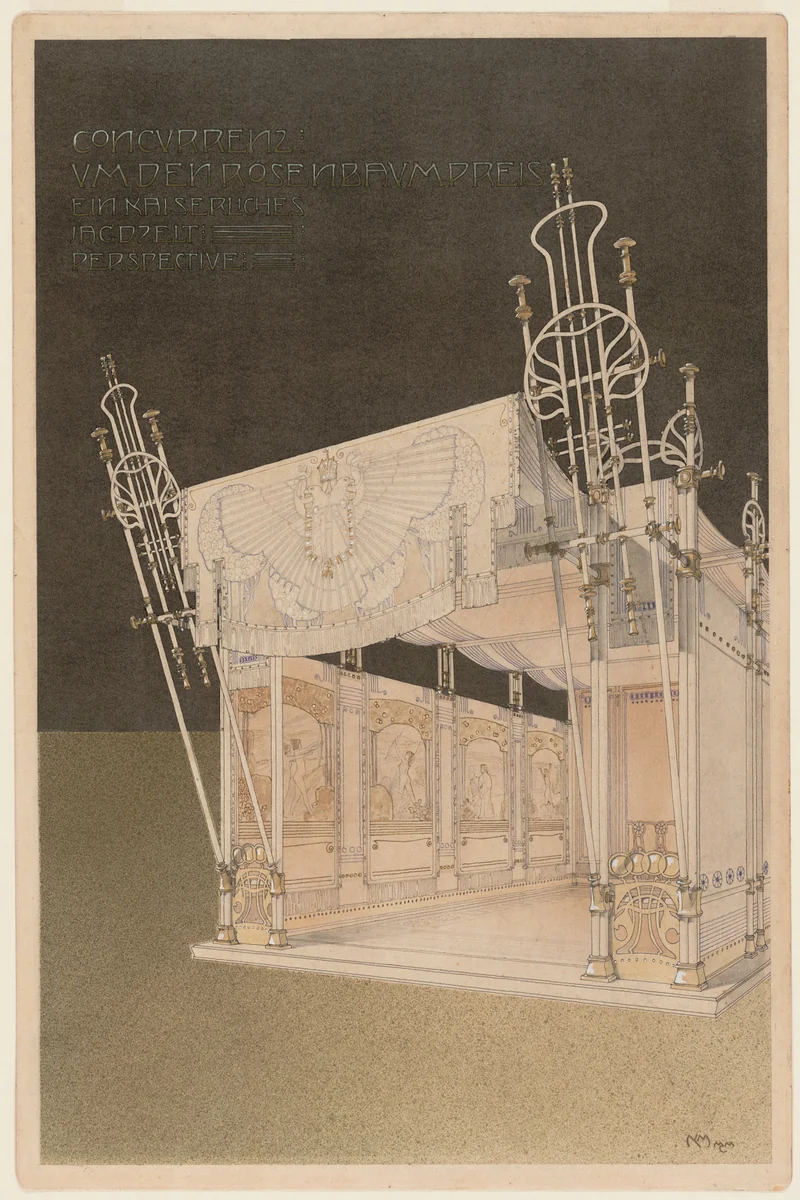 Royal Hunting Tent, project, Exterior perspective by Marcel Kammerer, architecture, 1900