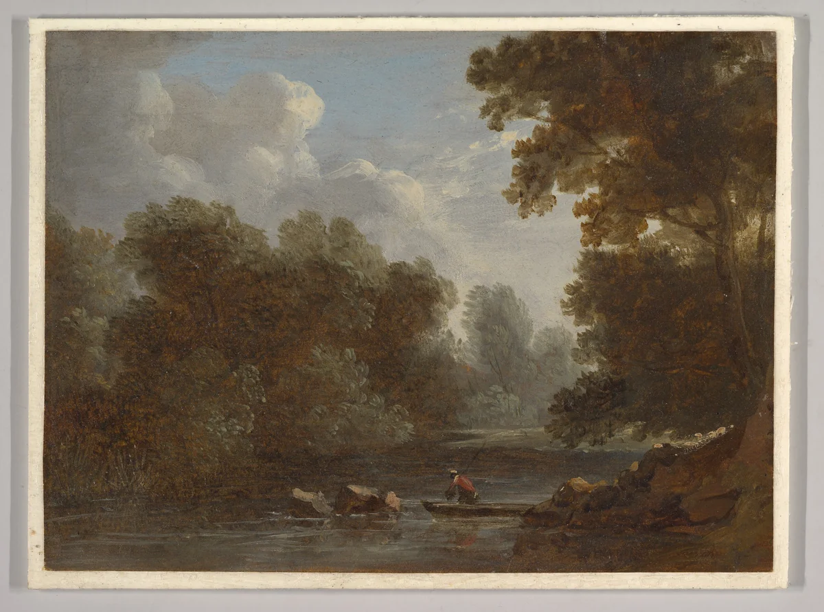 A wooded river landscape with a fisherman in a boat by Benjamin Barker, drawing, 1826