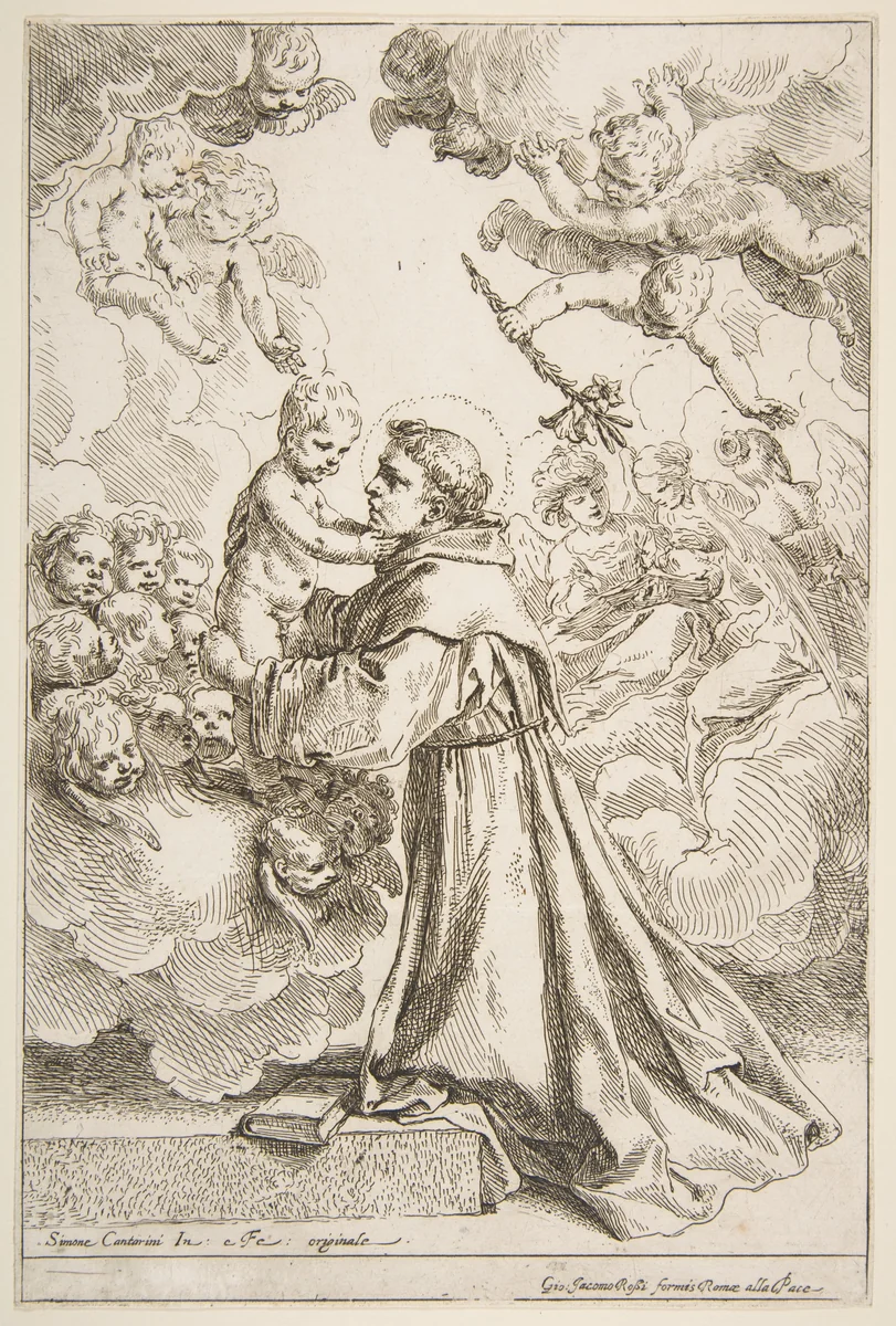Saint Anthony of Padua adoring the Christ Child in Glory by Simone Cantarini, print, 1635-1645