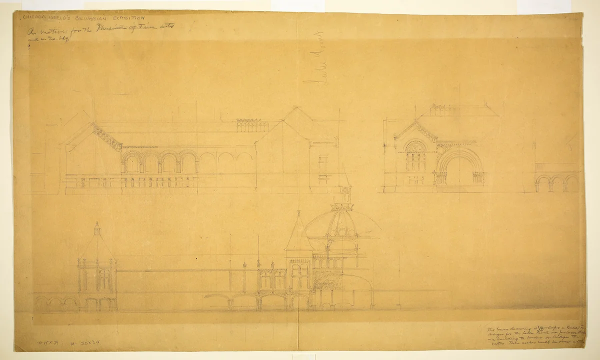 Proposed Fine Arts Museum, World's Columbian Exposition, Chicago, Illinois, Elevation Sketches by John Wellborn Root, drawing, 1885-1896