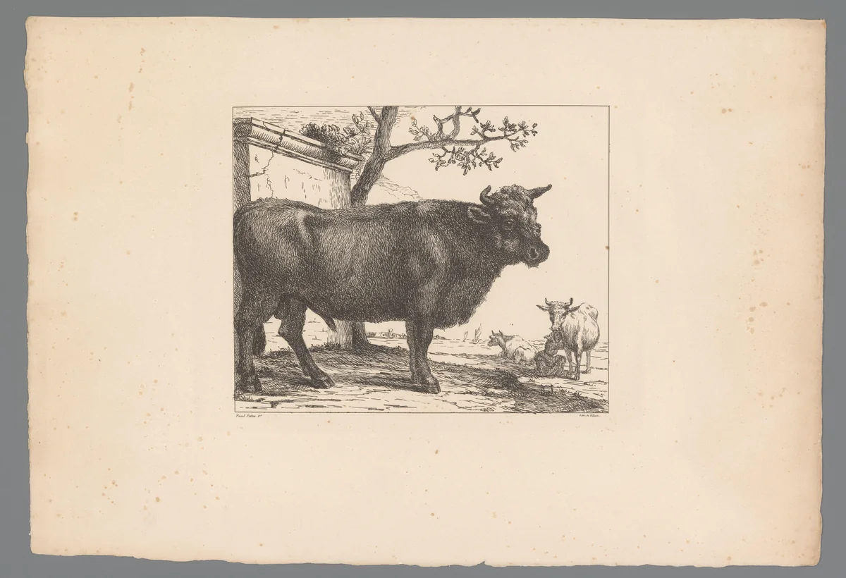 Stier en twee koeien bij bouwwerk aan het water by anonymous, print, 1822-1834