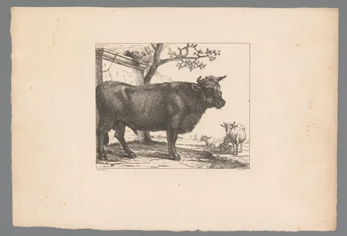 Stier en twee koeien bij bouwwerk aan het water by anonymous, print, 1822-1834