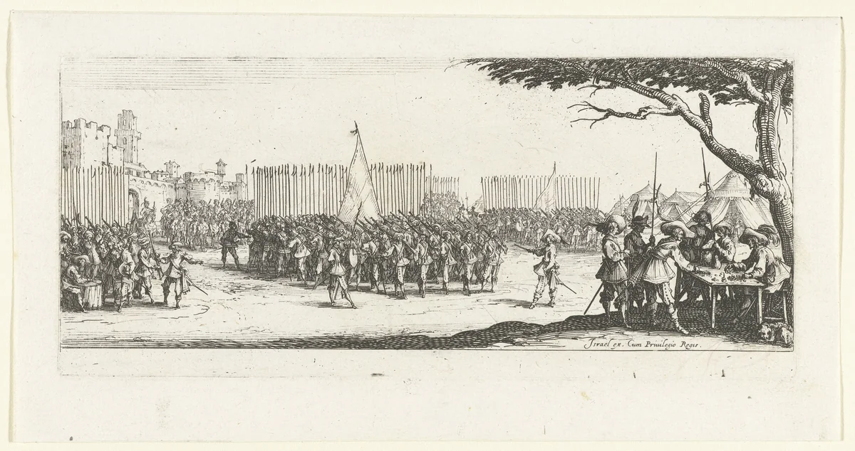 Recruteren van soldaten by Jacques Callot, print, 1633
