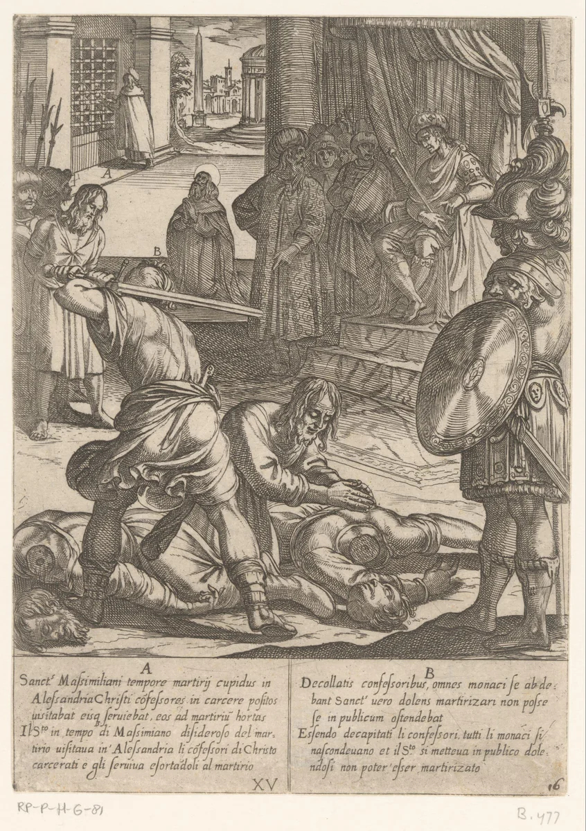 H. Antonius bezoekt christenen die gevangengenomen zijn door Maximilianus by Antonio Tempesta, print, 1598