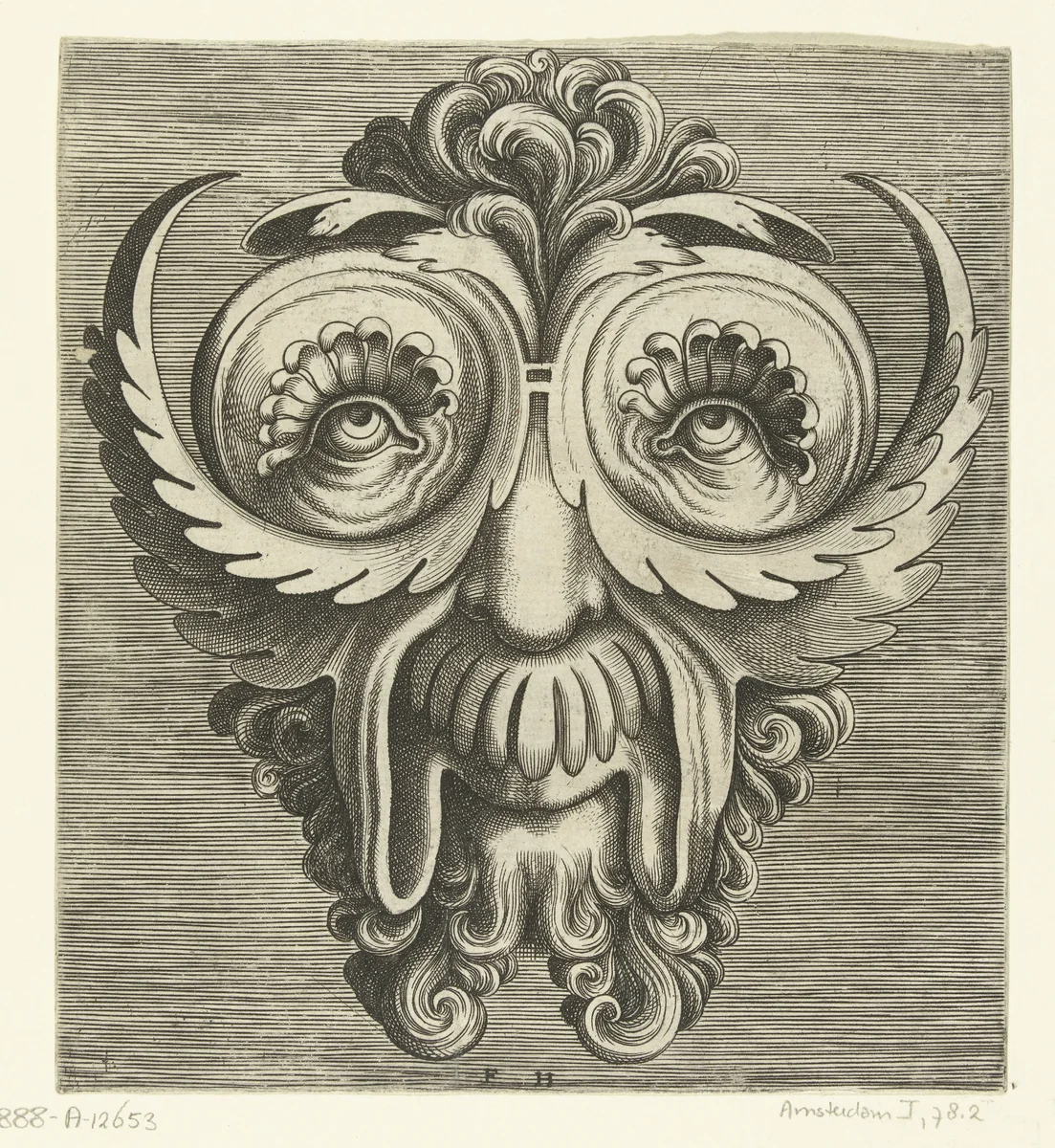 Masker met bladvormige jukbeenderen, schotelvormige oogkassen en een toef krullen midden op het hoofd by Unknown, print, 1555