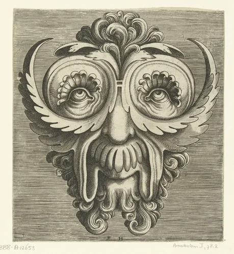 Masker met bladvormige jukbeenderen, schotelvormige oogkassen en een toef krullen midden op het hoofd by Unknown, print, 1555