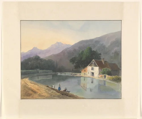 Berglandschap met een huis aan een rivier by Johannes van Reijn, drawing, 1800-1900