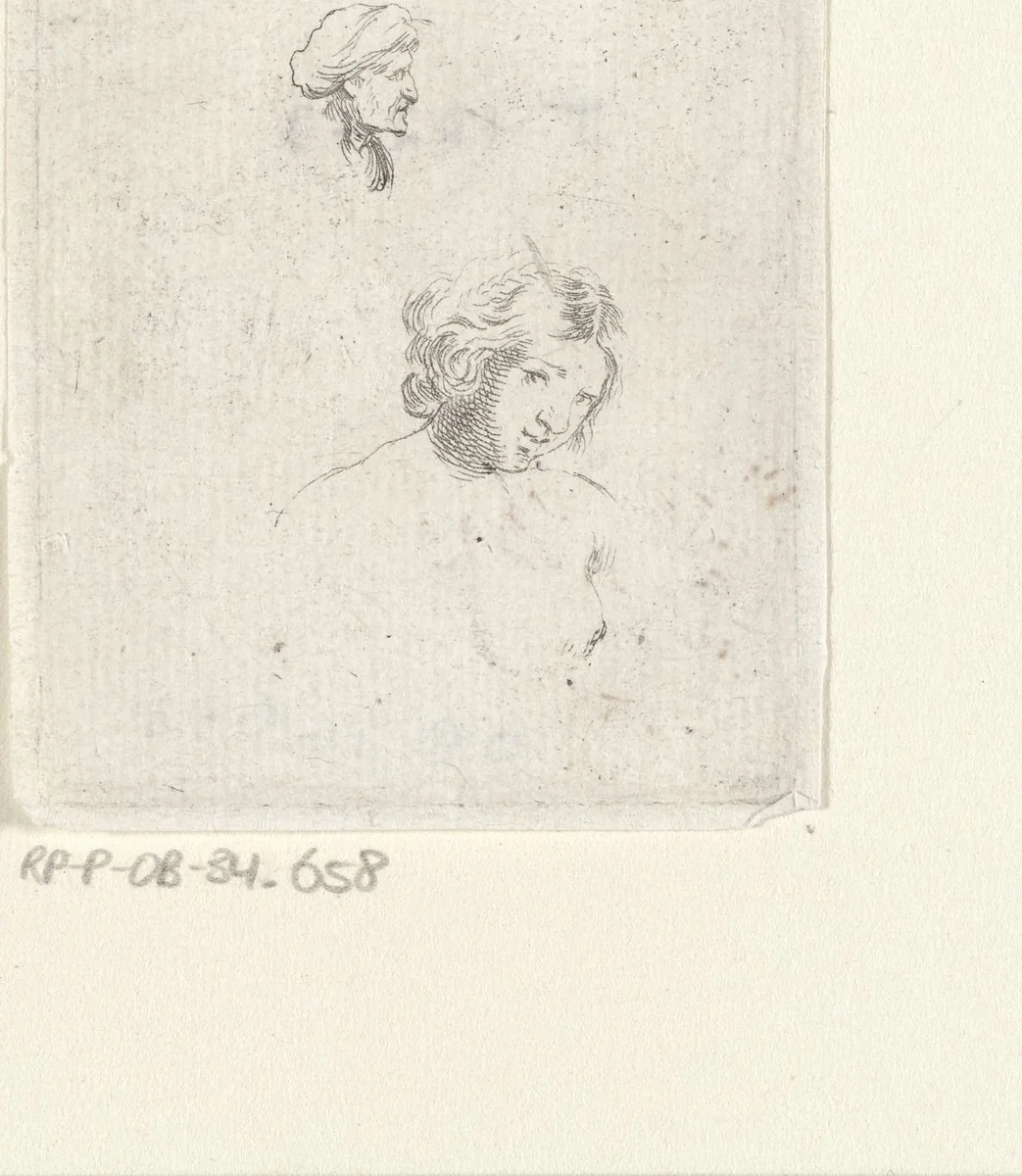 Hoofden van een oude en van een jonge vrouw by Stefano della Bella, print, 1620-1664