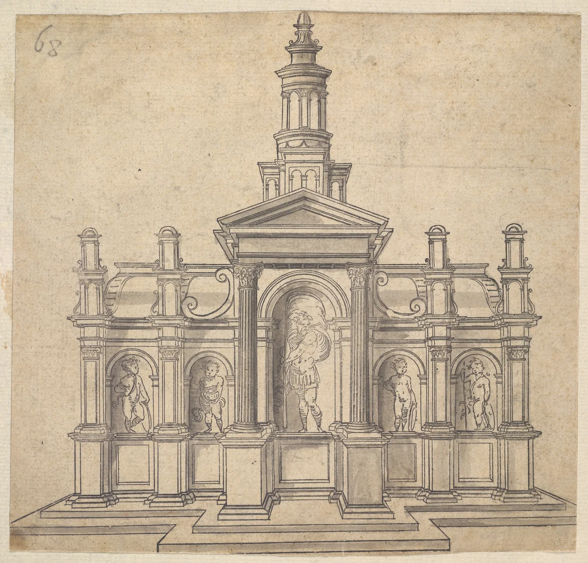 Architecturally-Shaped Tabernacle with a Saint and Four Putti by anonymous, print, 1520-1560