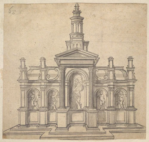 Architecturally-Shaped Tabernacle with a Saint and Four Putti by anonymous, print, 1520-1560