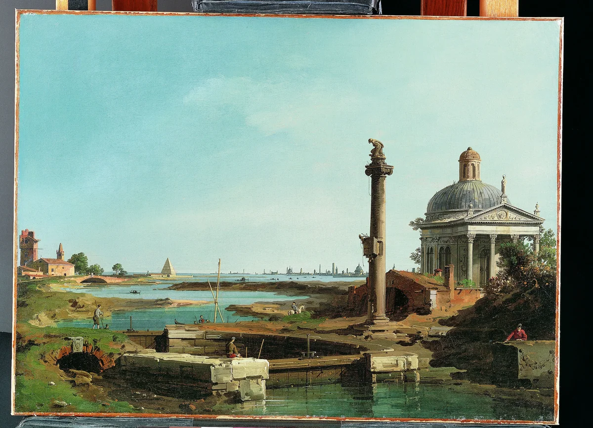 A Lock, a Column, and a Church beside a Lagoon by Canaletto, painting, 1717-1768