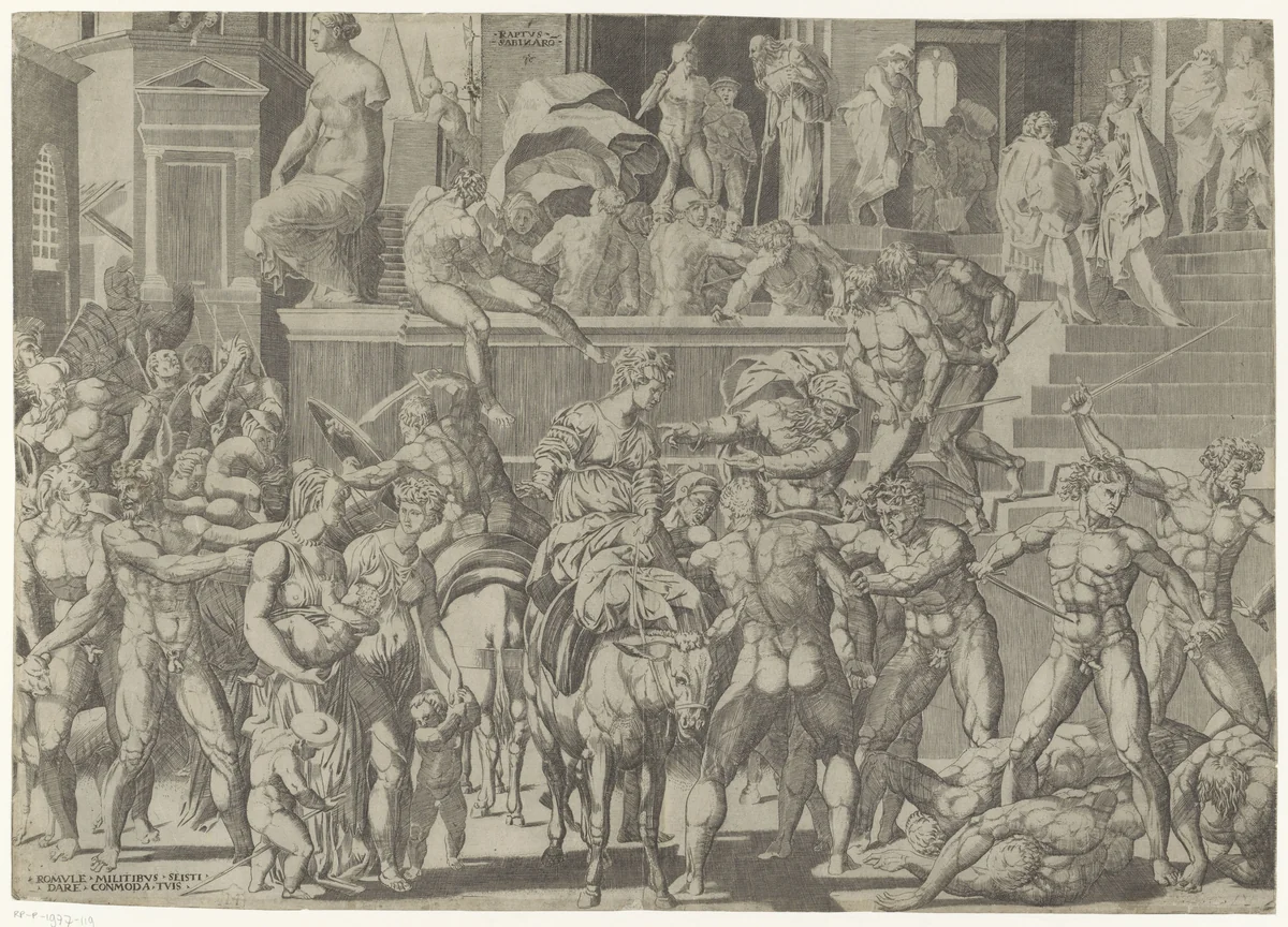 Slag tussen de Romeinen en de Sabijnen by Giovanni Jacopo Caraglio, print, 1515-1565
