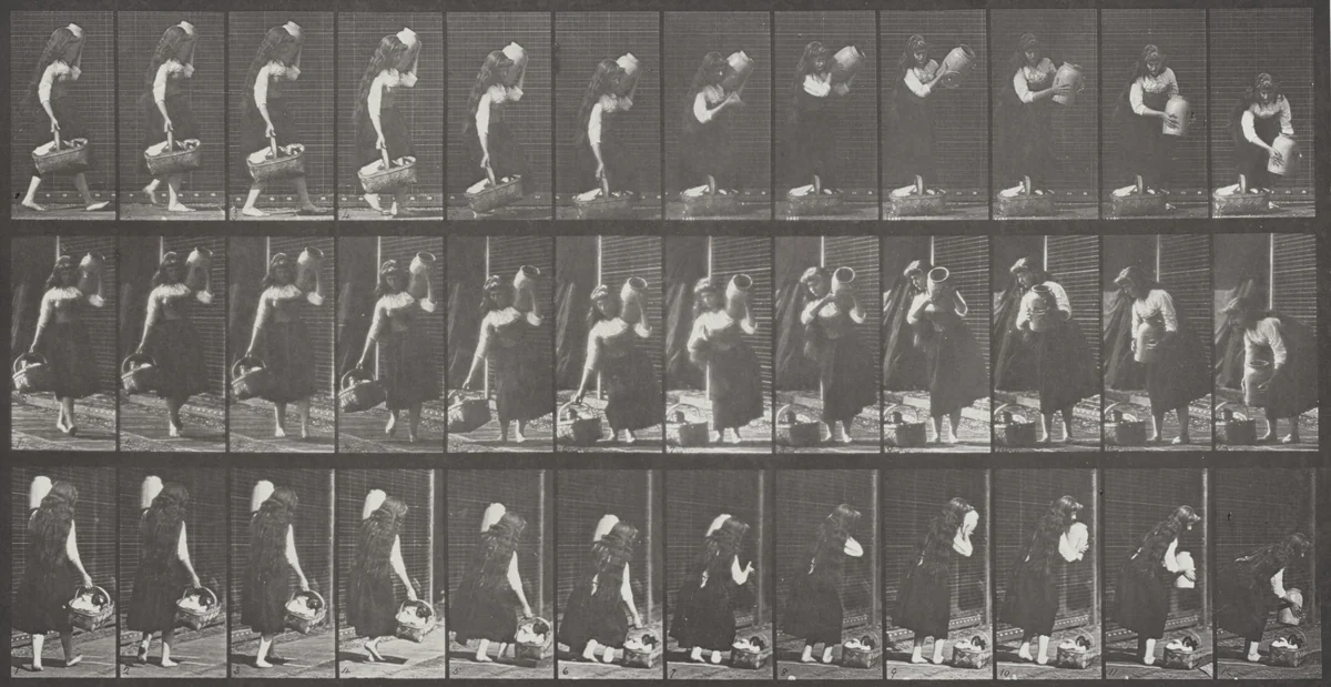 Plate Number 460. Carrying a jar on shoulder and basket in hand and placing them on the ground by Eadweard Muybridge, photograph, 1887