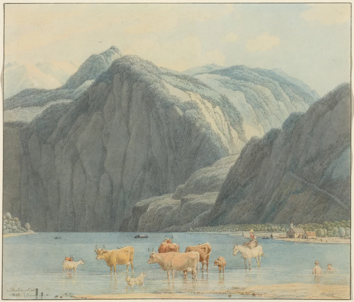 Königsee with the Cliffs of St. Bartholomëe by Wilhelm von Kobell, drawing, 1837