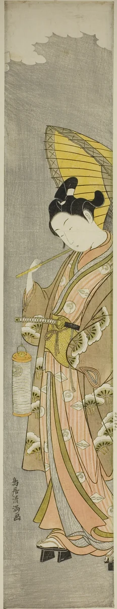 Young man holding umbrella and lantern by Torii Kiyomitsu I, print, 1764-1774