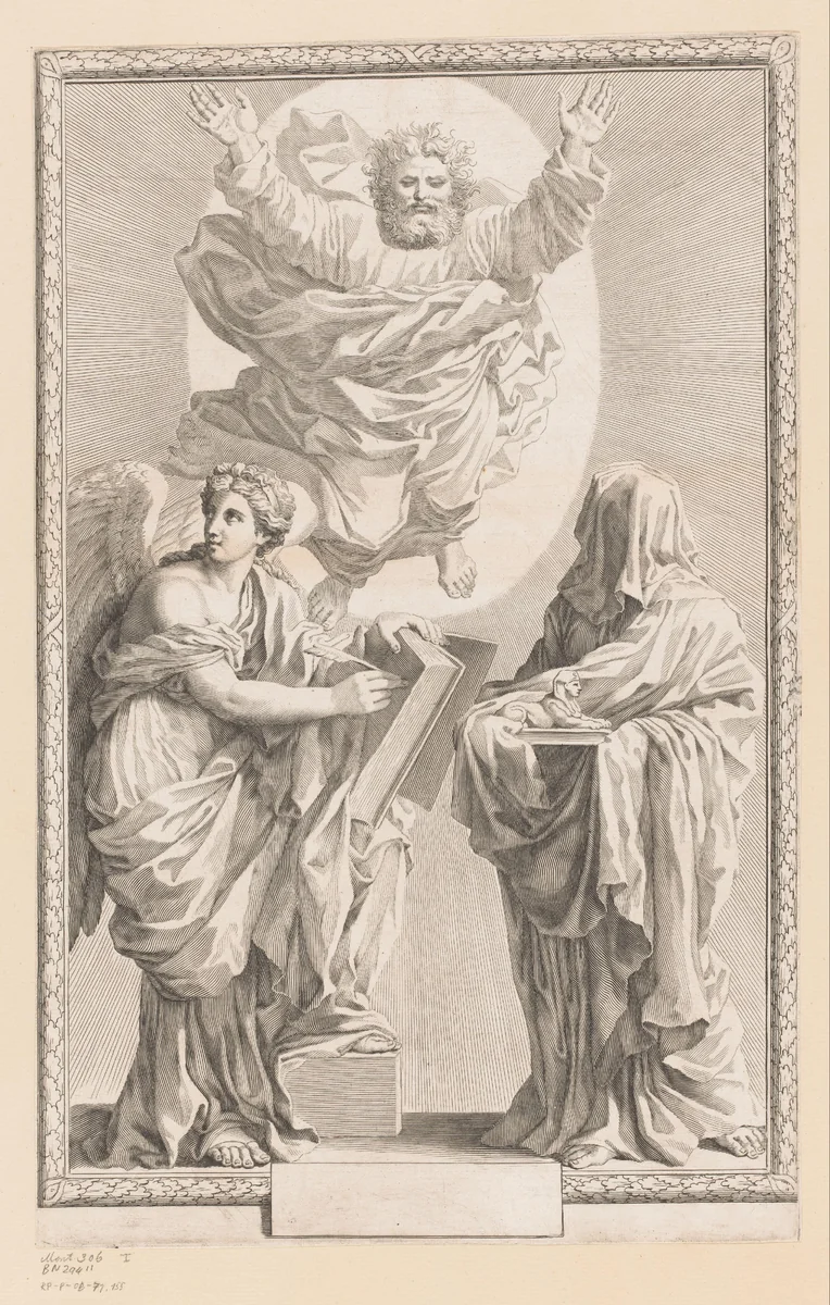 God met personificatie van Geschiedenis en Profetie by Claude Mellan, print, 1642