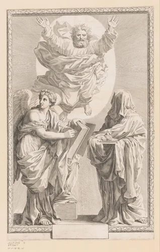 God met personificatie van Geschiedenis en Profetie by Claude Mellan, print, 1642