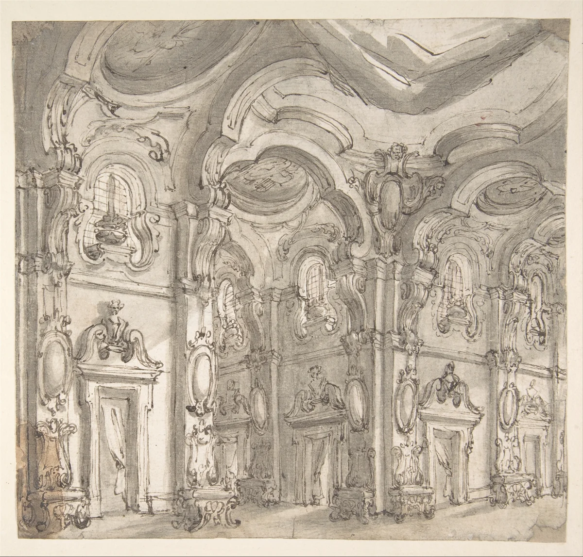Design for a Stage Set: The Gallery of a Magnificent Palace Decorated with Mirrors by Giuseppe Galli Bibiena, drawing, 1696-1756