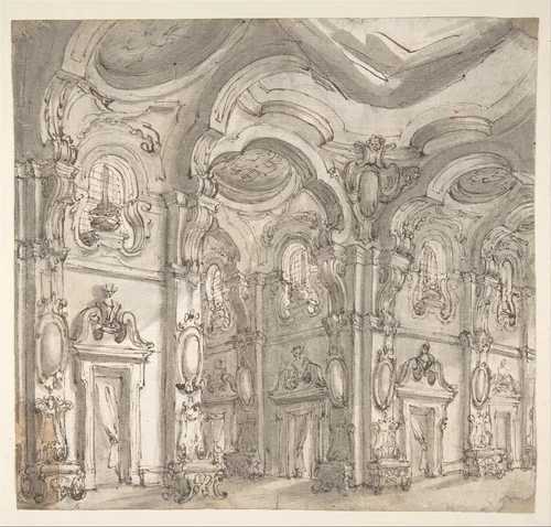 Design for a Stage Set: The Gallery of a Magnificent Palace Decorated with Mirrors by Giuseppe Galli Bibiena, drawing, 1696-1756