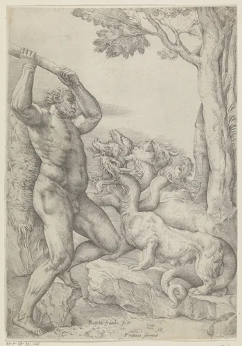 Hercules in gevecht met de Hydra van Lerna by Unknown, print, 1520-1561