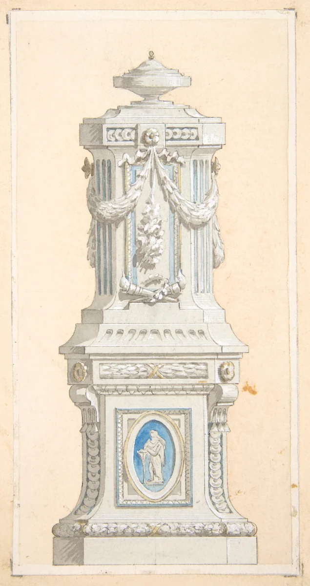 Design for an ornamented stone pedastal surmounted by an urn by Jules-Edmond-Charles Lachaise, drawing, 1830-1897