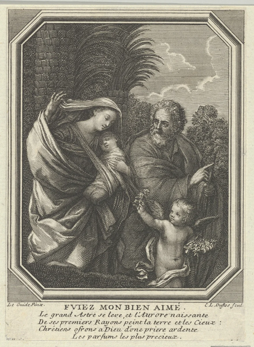 The Flight into Egypt; the holy family walking with the young John the Baptist, trees behind them, in an octagonal frame, after Reni by Claude Augustin Duflos le Jeune, print, 1715-1786