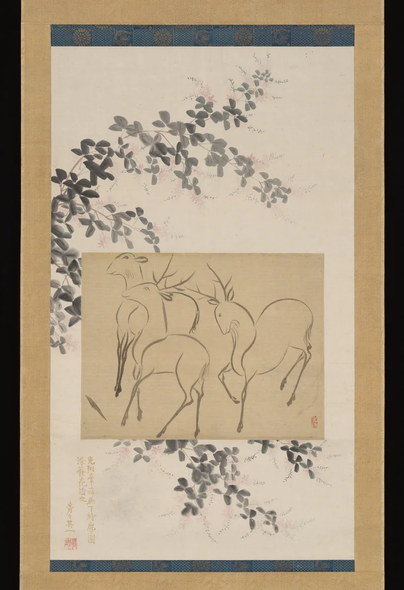 Preliminary Drawing of Three Deer Mounted on a Hanging-scroll Painting of Flowering Bush Clover by Ogata Kōrin, painting, 1700-1833