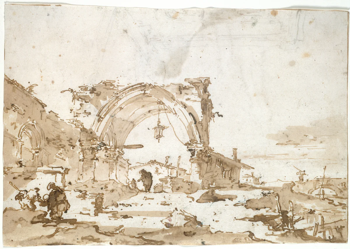 A Capriccio with a Ruined Gothic Arch by Francesco Guardi, drawing, 1770-1789
