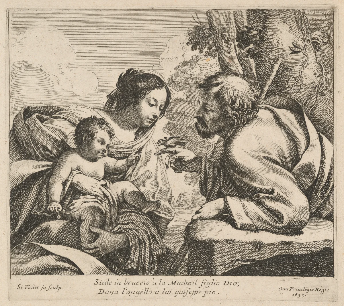 Holy Family with a Bird by Simon Vouet, print, 1633