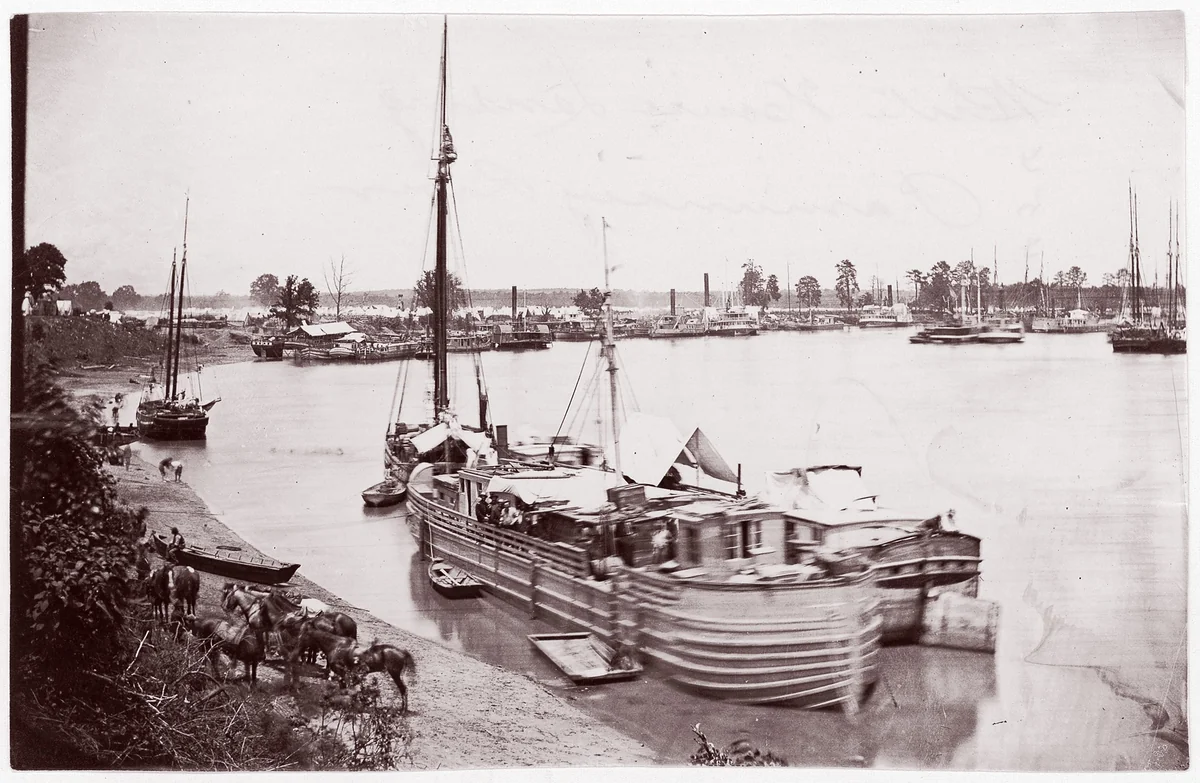[Barges, Transports, and Horses, White House Landing, Pamunkey River, Virginia] by Timothy O'Sullivan, photograph, 1861-1865