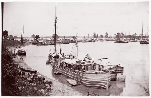 [Barges, Transports, and Horses, White House Landing, Pamunkey River, Virginia] by Timothy O'Sullivan, photograph, 1861-1865