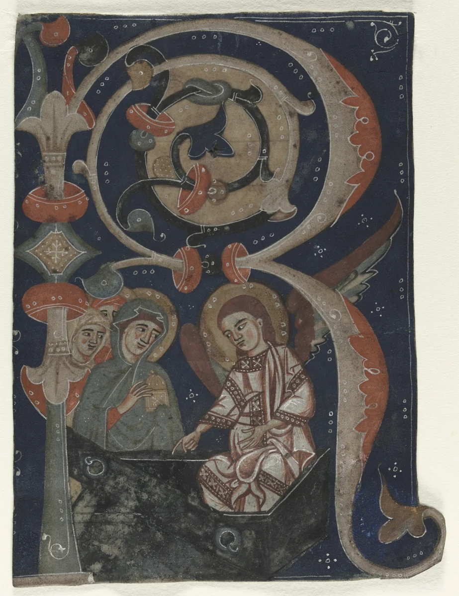 Historiated Initial (R) Excised from a Gradual: The Three Marys at the Tomb by Unknown, manuscript, 1200-1230