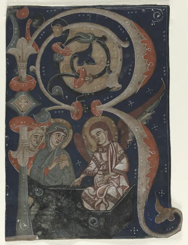 Historiated Initial (R) Excised from a Gradual: The Three Marys at the Tomb by Unknown, manuscript, 1200-1230